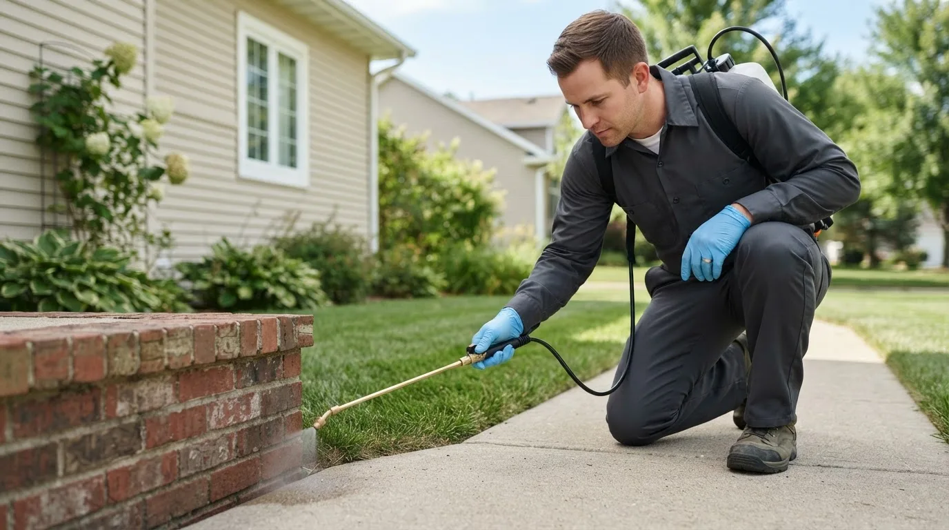 Pest control technician treating a home near Bethune, CO